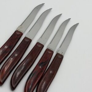 Vintage Quikut Stainless Steel Steak Knives Set of 5 Faux Tortoise Shell USA